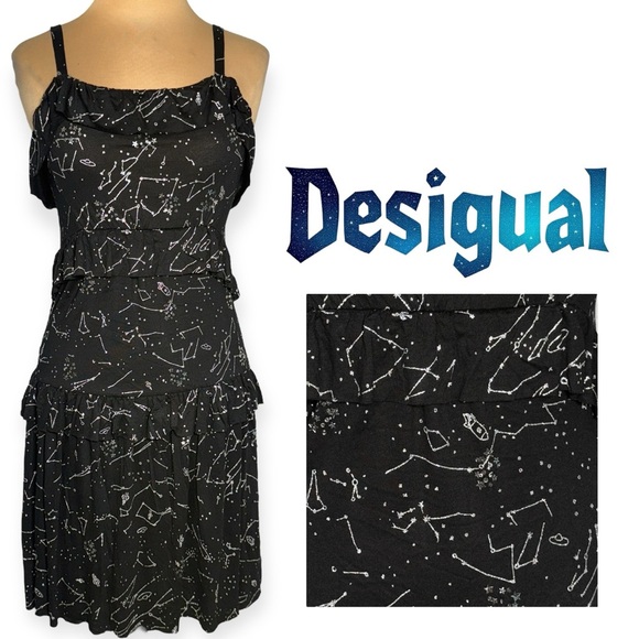 DESIGUAL black slip dress with silver sparkle outer space star constellations S - Picture 1 of 15